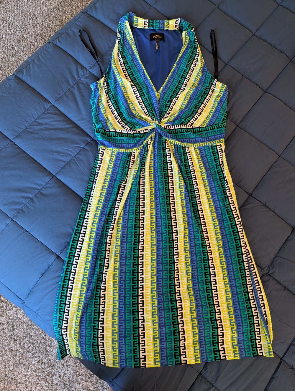 Laundry By Shelli Segal Green, Blue & Yellow Striped Twist-Front Midi Dress